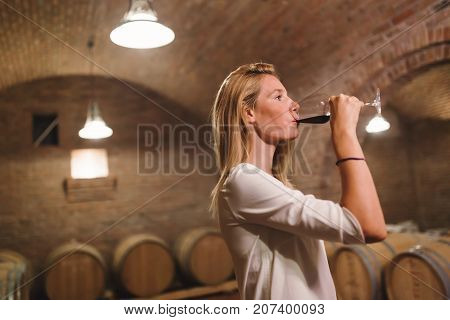 Beautiful woman oenologist tasting wine in winegrower cellar
