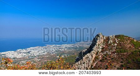Panorama of Northen Cyprus from the top of Saint Hilarion Castle at Kirenia in Northen Cyprus