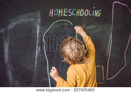 Homeschooling. The Boy Is Drawing Under Word Homeschooling On A Blackboard