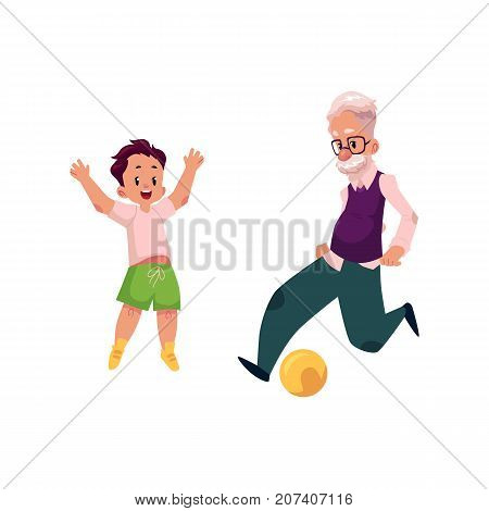 Grandfather, old man playing football with his grandson, teenage boy, cartoon vector illustration isolated on white background. Granddad grandparent and grandson playing football, happy family concept