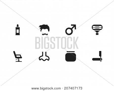 Set Of 8 Editable Tonsorial Artist Icons. Includes Symbols Such As Man Sign, Cream Box, Stubble And More