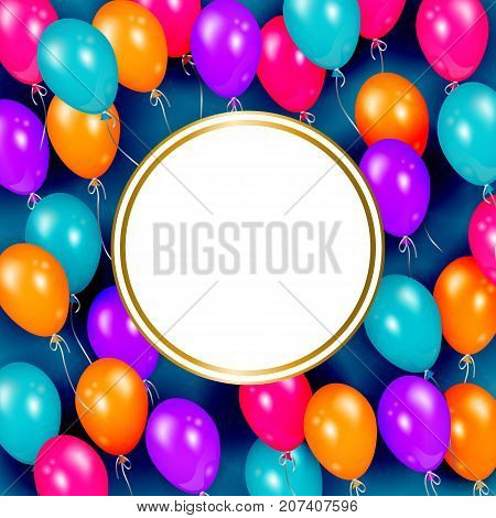 Square banner, poster design with shiny balloons and empty round space for text, realistic vector illustration. Square party banner, poster design with shiny balloons tied and round space for text