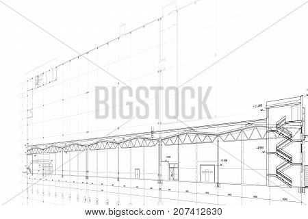 Abstract architectural project of industrial building on the white background