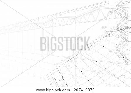 Abstract architectural project of industrial building on the white background