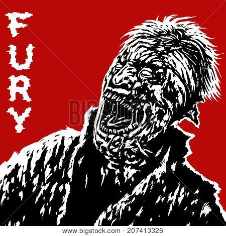 Zombies with broken head looking up and screaming with his mouth open. Vector illustration on red background. Freehand digital drawing concept. Genre of horror.