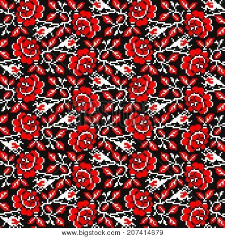Ukrainian floral embroidery seamless pattern in traditional black and red gamma