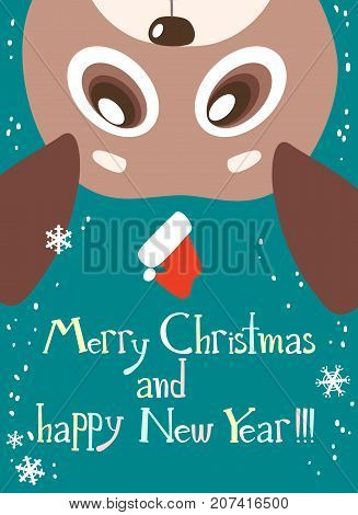 Vertor minimalistic holiday card with pug puppy. New Year 2018 design. Cute cartoon style