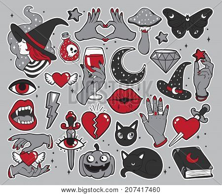 Halloween set of patches with witch, pumpkin, vampire, black cat, magic book and other elements. Vector illustration isolated on grey background. Set of stickers, pins, patches in cartoon comic style.
