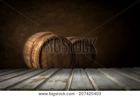 background barrel and worn old table of wood.