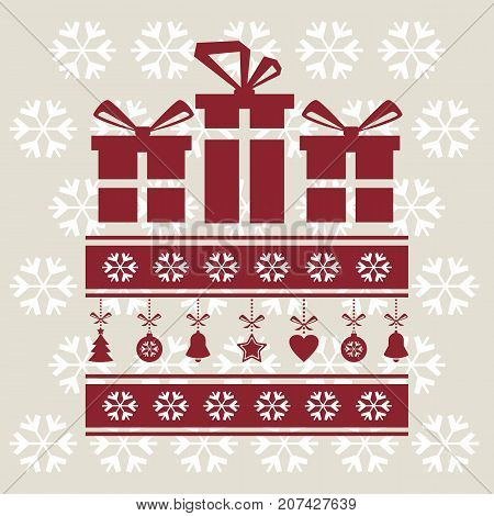Christmas gifts on snowflakes background. Christmas decoration. Vector illustration.