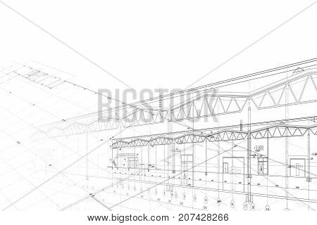 Abstract architectural project of industrial building on the white background