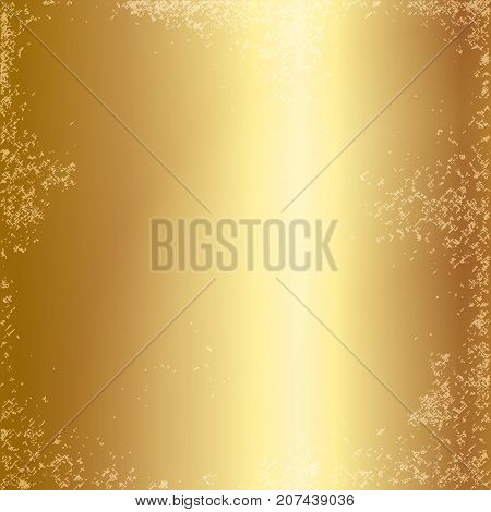 Gold foil texture background. Realistic golden vector metal gradient template with grunge effect for frame design.