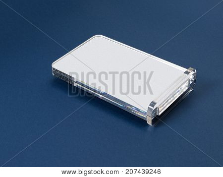 White acrylic case on a blue background, layout, clean, pos materials