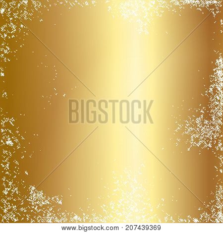 Gold foil texture background. Realistic golden vector metal gradient template with grunge effect for frame design.