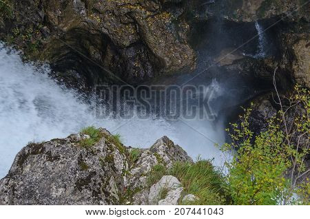 Nature autumn landscape. Waterfall at Soteska vintgar Slovenia. The Vintgar Gorge or Bled Gorge. Water rapid.