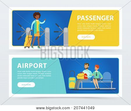 Set of flat design horizontal banners airport theme. Woman with luggage walking through turnstile. Couple passengers with suitcases at the lounge room waiting for departure. Business travel concept.