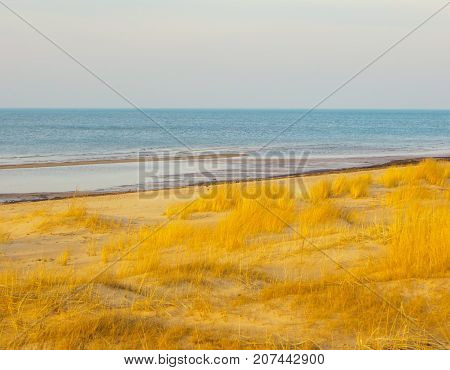 View of the beach on the shore of the Gulf of Riga in Vecaki.Baltic Sea Latvia Europe