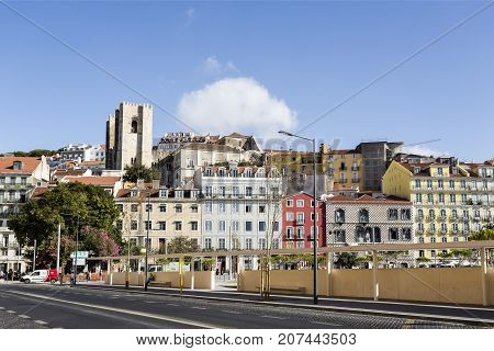LISBON, PORTUGAL - September 25, 2017: Alfama District including the Cathedral Bell Towers and Casa dos Bicos in Lisbon Portugal
