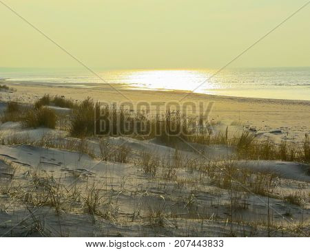Evening twilight on the shore of the Gulf of Riga in Vecaki.Baltic Sea Latvia Europe