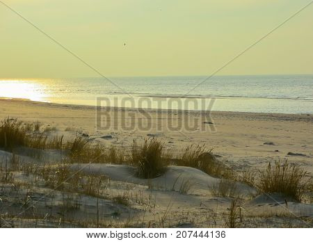 Evening twilight on the shore of the Gulf of Riga in Vecaki.Baltic Sea Latvia Europe