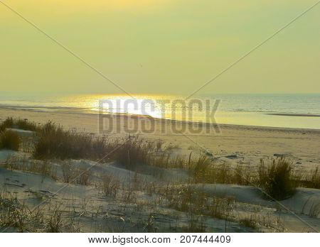 Evening twilight on the shore of the Gulf of Riga in Vecaki.Baltic Sea Latvia Europe