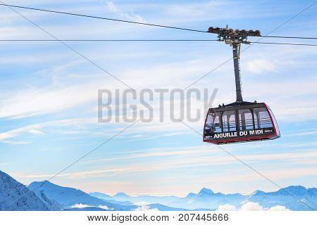 Chamonix, France - January , 28, 2015: Cable Car from Chamonix to the summit of the Aiguille du Midi and lift station high in the mountains Chamonix, France.