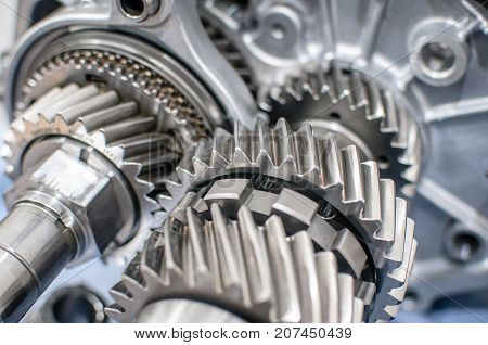 silver shiny transmission gears of a motor