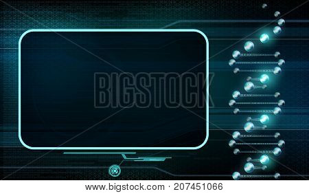 HUD interface. Futuristic dashboard with screen devices. Spiral DNA molecules and atoms under microscope. Scientific research background. Stock vector illustration.