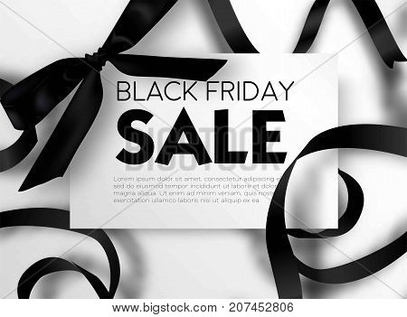 Black Friday sale discount promo offer poster or advertising flyer and coupon. Vector elegant design of piece of paper and realistic black gift bow tie ribbon for premium fashion shop sale on white black background.