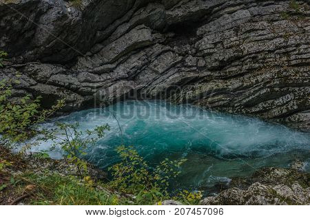 Nature autumn landscape. Waterfall at Soteska vintgar Slovenia. The Vintgar Gorge or Bled Gorge.