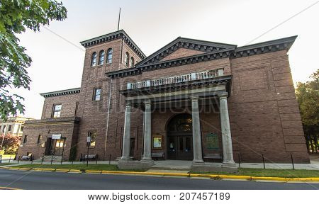 Manistee, Michigan, USA - October 1, 2017: Exterior of the historic Ramsdell Theater Center For The Performing Arts. The Ramsdell was built in 1903 and hosts plays, operas, and cultural events.