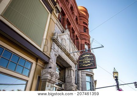 Manistee, Michigan, USA - October 1, 2017: Built in 1891, the historic Ramsdell Inn is a restored boutique hotel with a popular pub located in downtown  Manistee.
