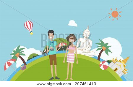 Tourism travel to Thailand with traditional and nature background vector illustration.Couple in holiday summer.Phuket culture in Thailand.