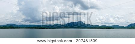 Panorama View Of Big Lagoon With Blue Sky And Cloud And Mountain Background. Maemoh, Thailand.