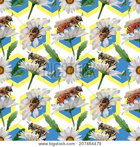 Exotic bee wild insect pattern in a watercolor style. Full name of the insect: bee, honeybee. Aquarelle wild insect for background, texture, wrapper pattern or tattoo.