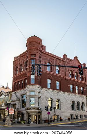 Manistee, Michigan, USA - October 1, 2017: Built in 1891, the historic Ramsdell Inn is a restored boutique hotel with a popular pub located in downtown  Manistee.