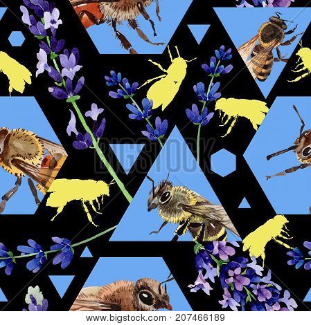 Exotic bee wild insect pattern in a watercolor style. Full name of the insect: bee, honeybee. Aquarelle wild insect for background, texture, wrapper pattern or tattoo.