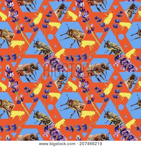 Exotic bee wild insect pattern in a watercolor style. Full name of the insect: bee, honeybee. Aquarelle wild insect for background, texture, wrapper pattern or tattoo.