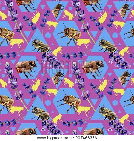 Exotic bee wild insect pattern in a watercolor style. Full name of the insect: bee, honeybee. Aquarelle wild insect for background, texture, wrapper pattern or tattoo.