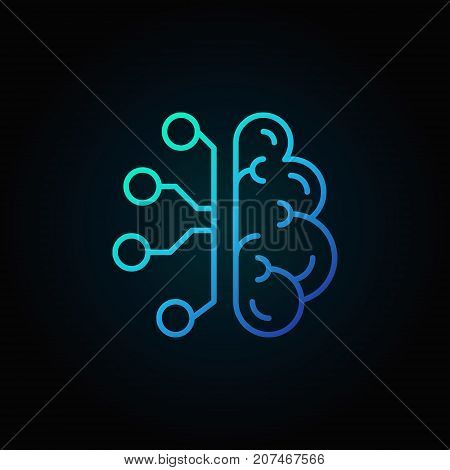 Cyberbrain line blue icon. Vector artificial intelligence brain concept thin line sign on dark background