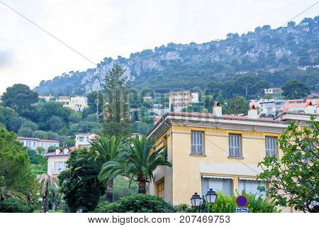 Beautiful sunset view to Beaulieu sur mer city colorful buidlings in France