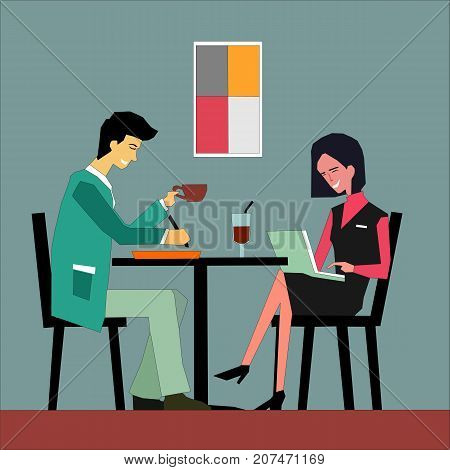 Young and happy business people working at coffee table drinking coffee and drink. Relaxed working concept illustration vector.