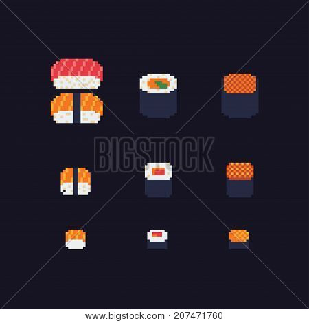 sushi and rolls pixel art icons set, vector illustration.