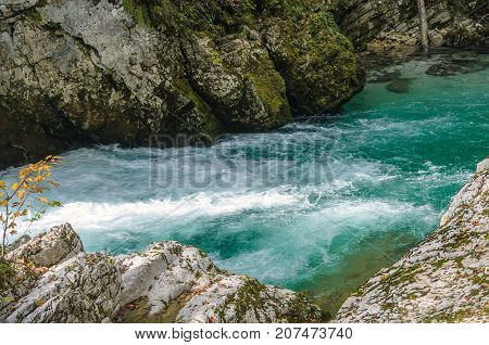 Nature autumn landscape. Waterfall at Soteska Vintgar Slovenia. The Vintgar Gorge or Bled Gorge.