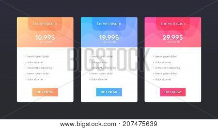 Set Of Clean Price List Colums. Three Banners With Tariffs. Flat Web Promo Elements.