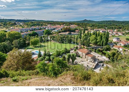 Allariz, a typical vintage village in Galicia. Top view with garden and river