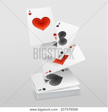 Vector set of four aces playing cards fall on the card deck. Suits with paper art decoration.
