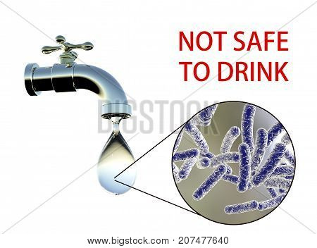 Safety of drinking water concept, 3D illustration showing tap with dirty water and close-up view of water-borne microbes