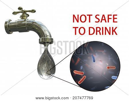 Safety of drinking water concept, 3D illustration showing old tap with dirty water and close-up view of water-borne microbes