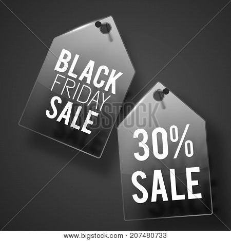 Two black friday sale tag set on wall with shadows and white texts vector illustration